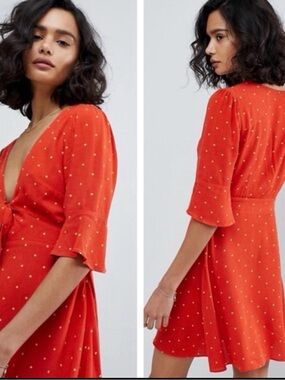Free People All Yours Polka Dot Tie Front Mini Dress | Size 6 | Red Dress